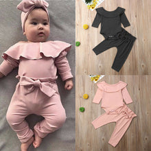 Load image into Gallery viewer, Toddler Kids Baby Girl Ruffle Bodysuit Romper - Top Solid Bowknot Pants, Trousers, Autumn - Cotton Long Sleeve Outfit Clothes

