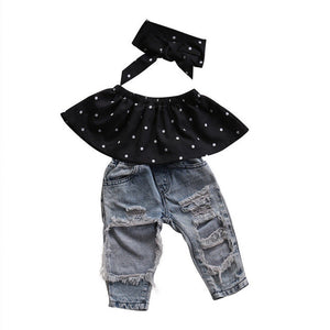 Summer Toddler Baby Girls Clothes Set Dot Sleeveless 3pcs Tops Vest+Hole Jeans Outfits Casual Clothes 0-3Y Girls Baby Fashion