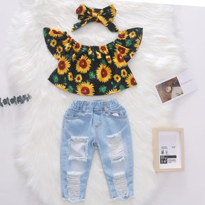 Baby Girls Summer Clothes Off Shoulder Sunflowers Shirt Tops + Hole Denim Pants + Headband Outfits 1-5Y 3pcs