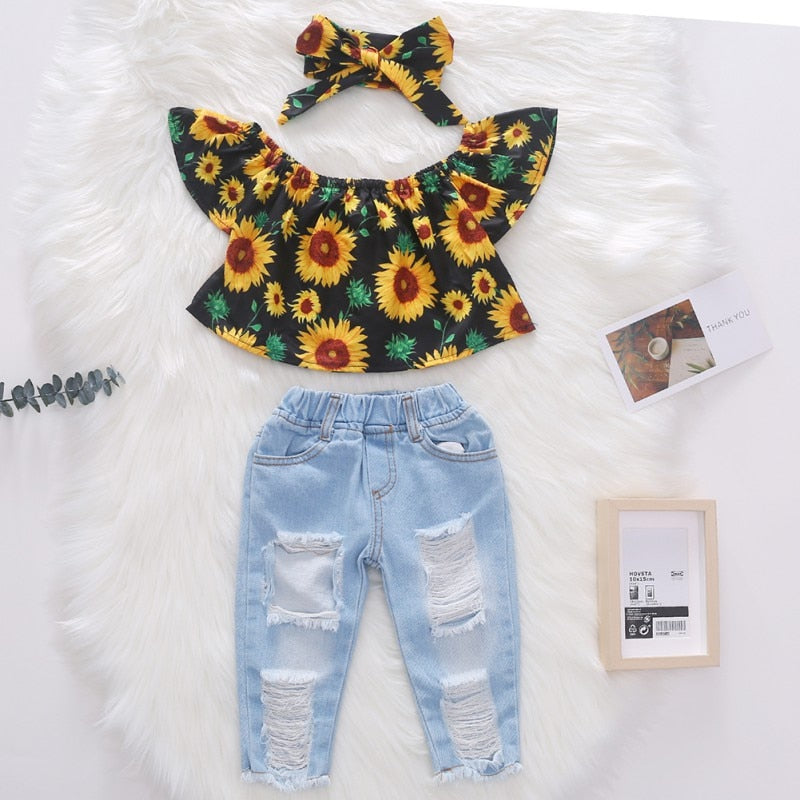 Baby Girls Summer Clothes Off Shoulder Sunflowers Shirt Tops + Hole Denim Pants + Headband Outfits 1-5Y 3pcs