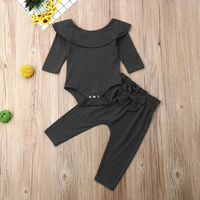 Toddler Kids Baby Girl Ruffle Bodysuit Romper - Top Solid Bowknot Pants, Trousers, Autumn - Cotton Long Sleeve Outfit Clothes