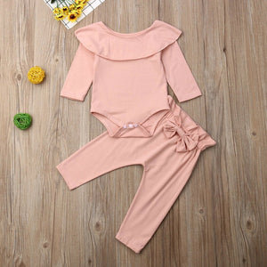 Toddler Kids Baby Girl Ruffle Bodysuit Romper - Top Solid Bowknot Pants, Trousers, Autumn - Cotton Long Sleeve Outfit Clothes