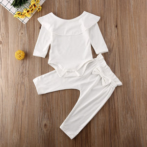 Toddler Kids Baby Girl Ruffle Bodysuit Romper - Top Solid Bowknot Pants, Trousers, Autumn - Cotton Long Sleeve Outfit Clothes